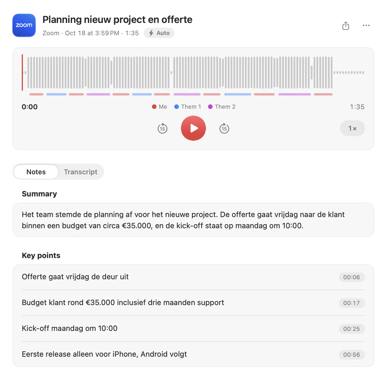 A meeting in the Pinna Library: the waveform with speaker lanes, play controls, and the Notes tab with a summary and key points, each with its time.
