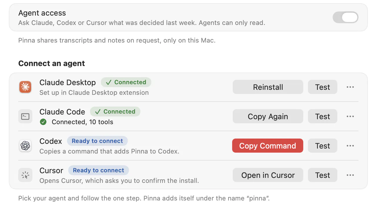 Settings, Agents: the Agent access switch, Claude Desktop and Claude Code connected, Claude Code with 10 tools, Codex and Cursor ready to connect, each with its one step and a Test button.